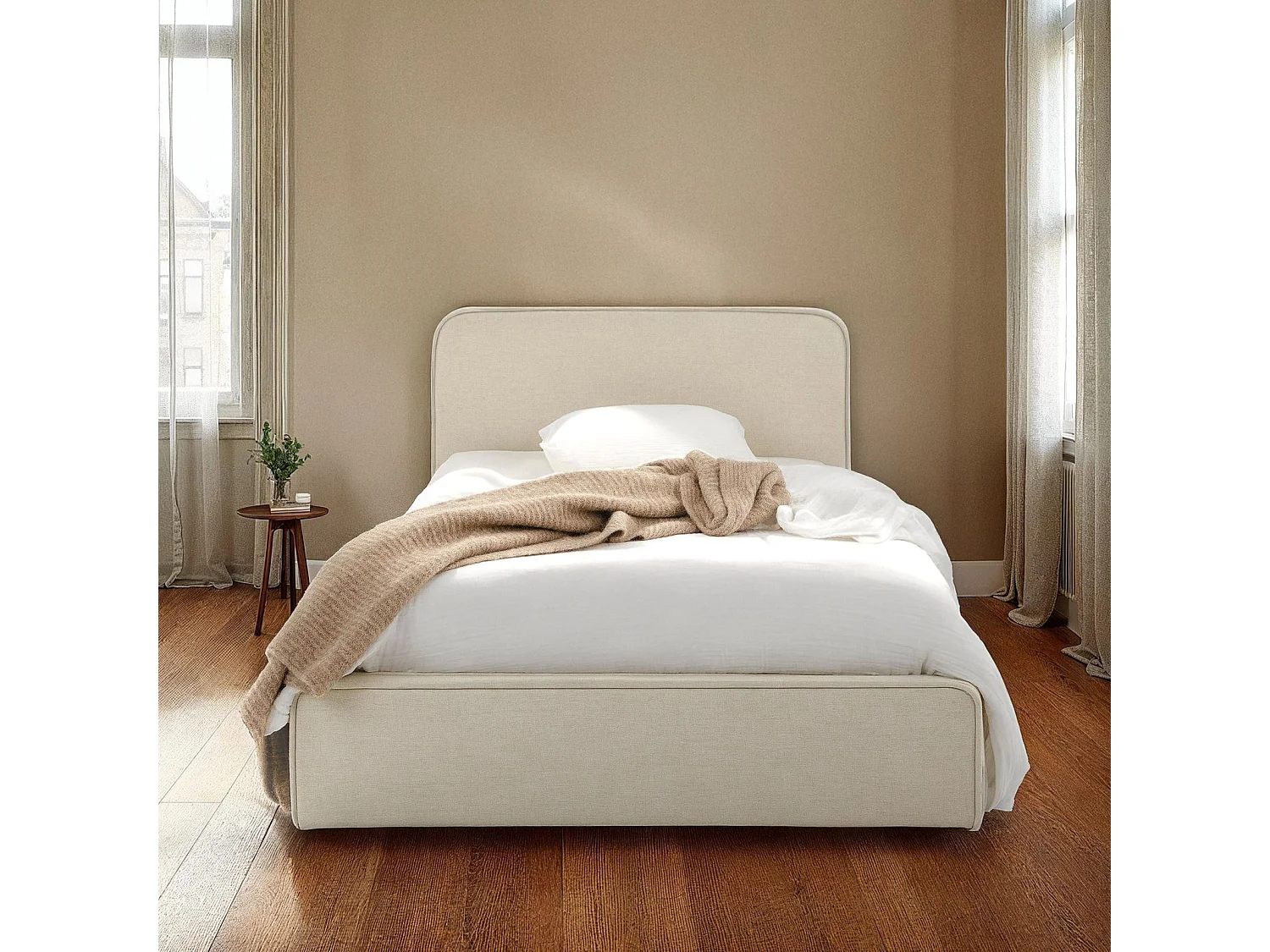 Lit simple BELARTI 90x190 cm, Revêtement en tissu, Lit style moderne pour 1 personne, Cadre de lit avec sommier inclus, Blanc crème