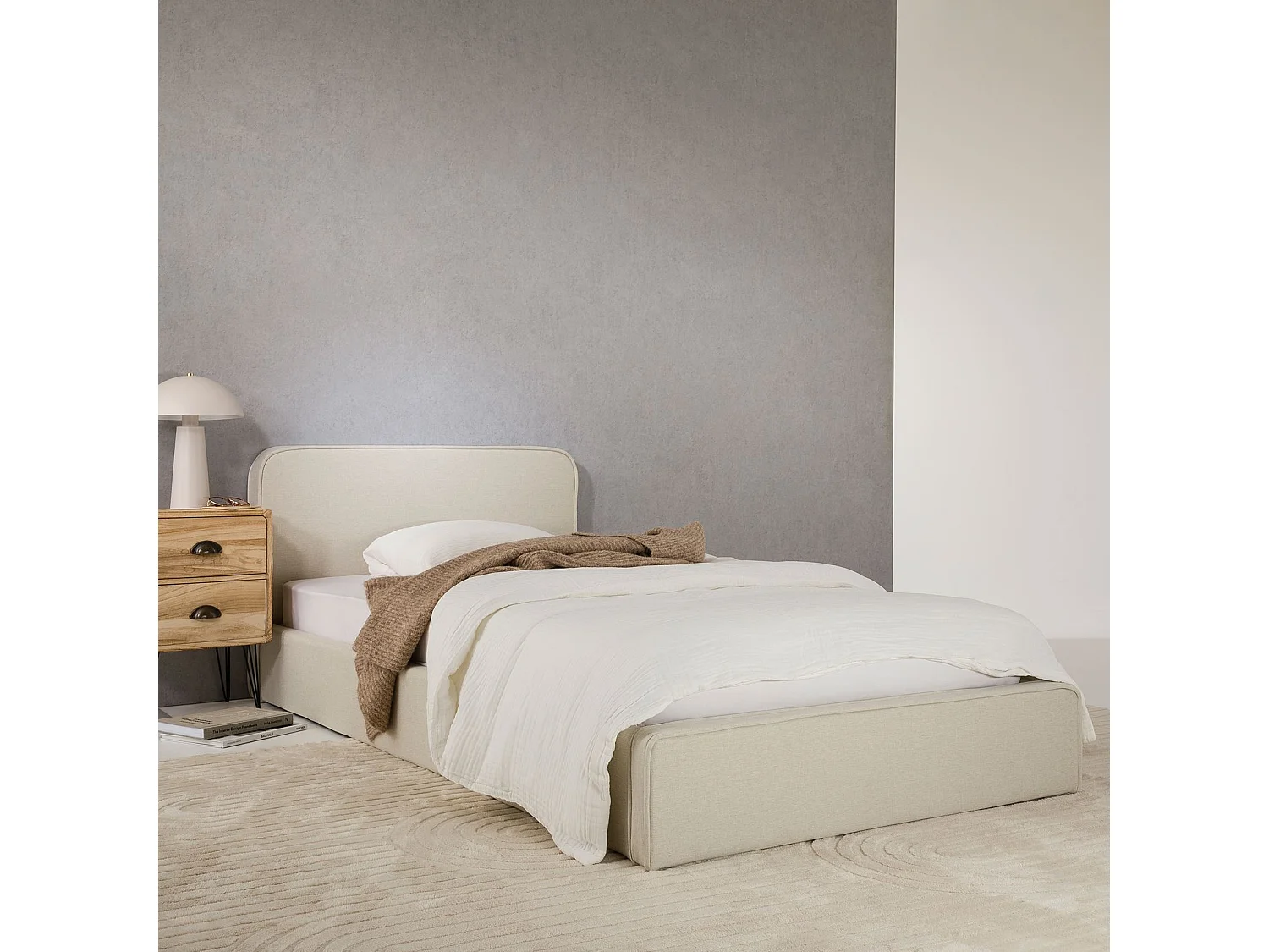 Lit simple BELARTI 90x190 cm, Revêtement en tissu, Lit style moderne pour 1 personne, Cadre de lit avec sommier inclus, Blanc crème