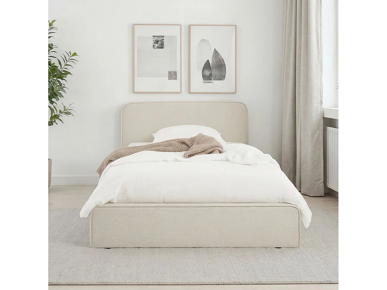 Lit simple BELARTI 90x190 cm rembourré, Revêtement en tissu, Lit style moderne pour 1 personne, sommier inclus, Blanc crème