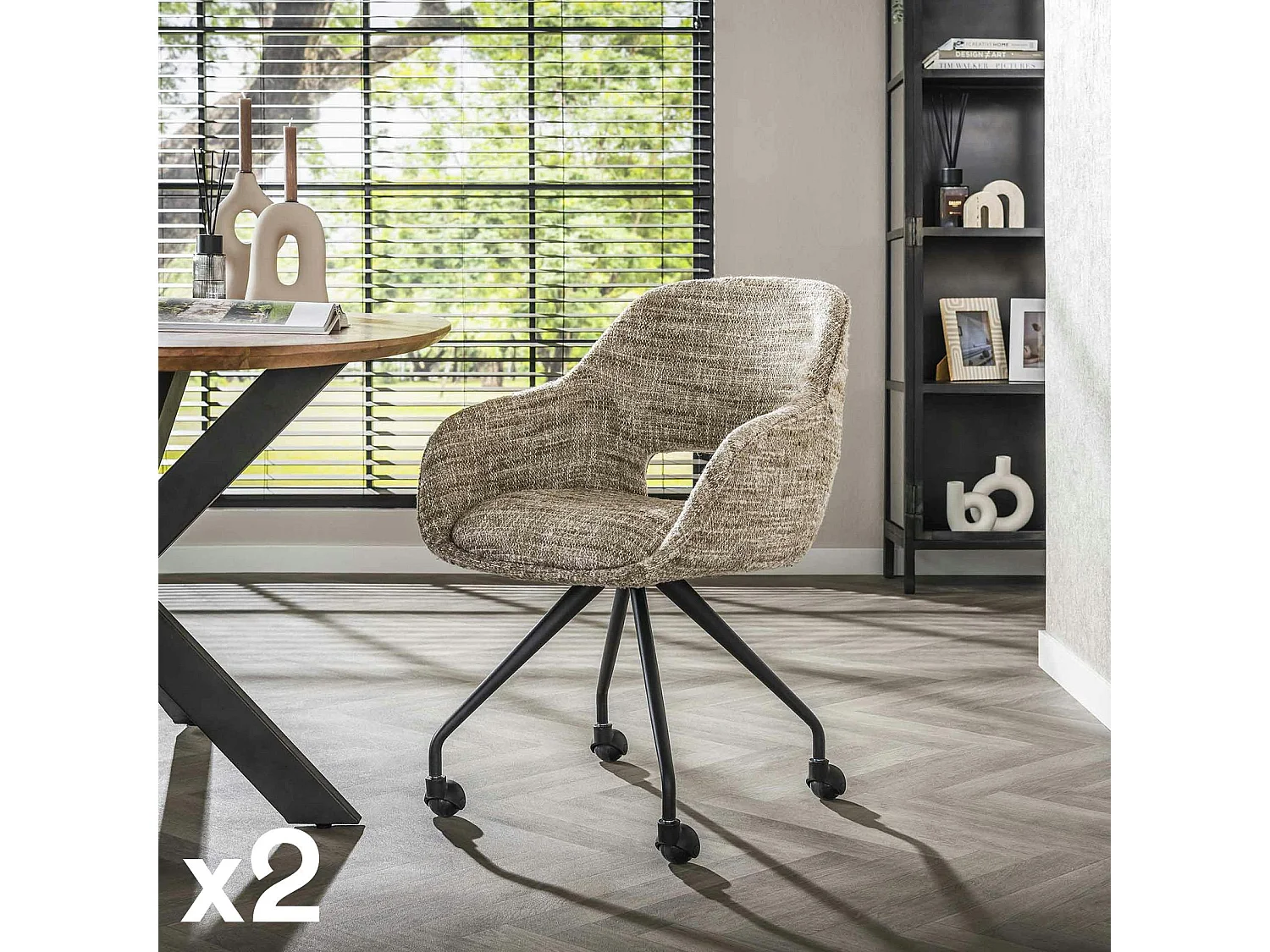 Chaise de bureau à roulettes en tissu sable chiné (lot de 2) CREEK