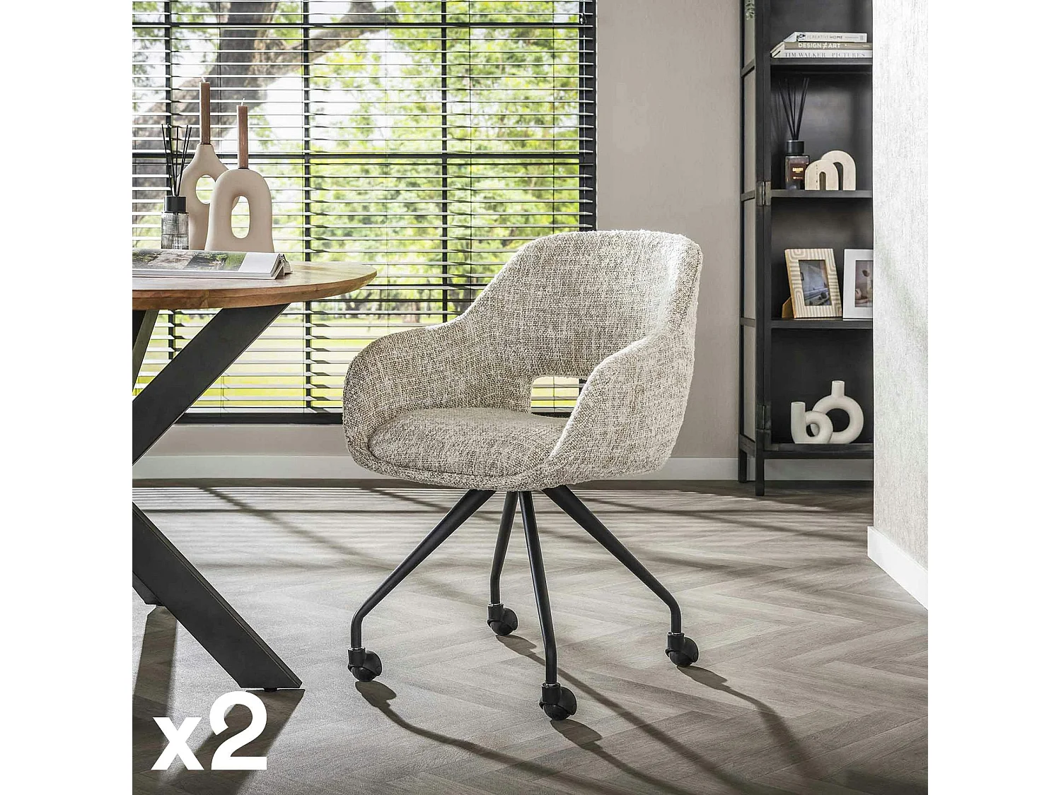 Chaise de bureau à roulettes en tissu gris clair chiné (lot de 2) CREEK