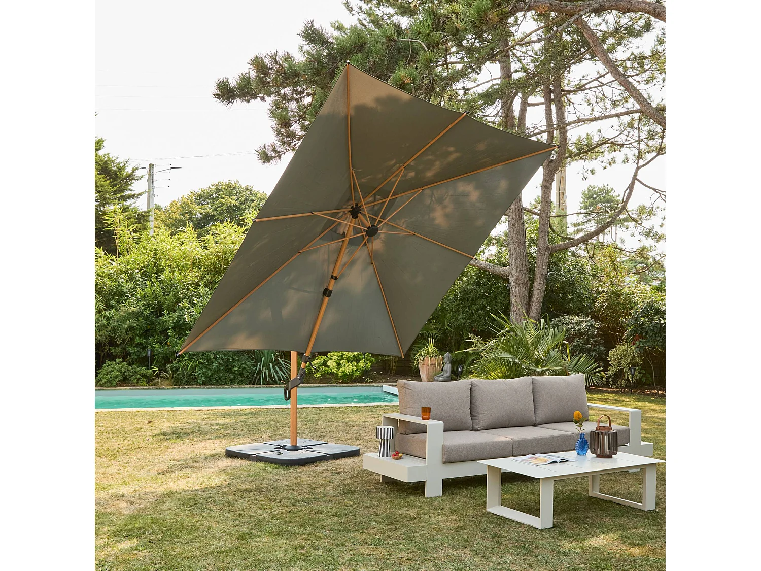 Parasol decentrato 3x3m quadrato, palo effetto legno, verde kaki