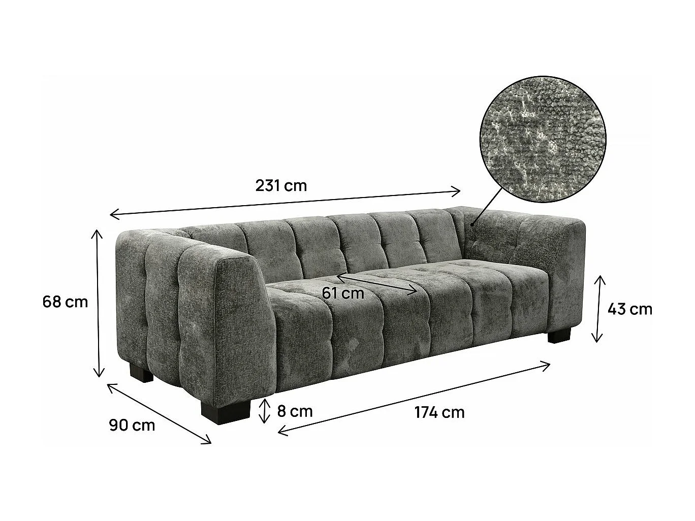 Canapé droit design en tissu chenille 3 places "Foch"- Gris