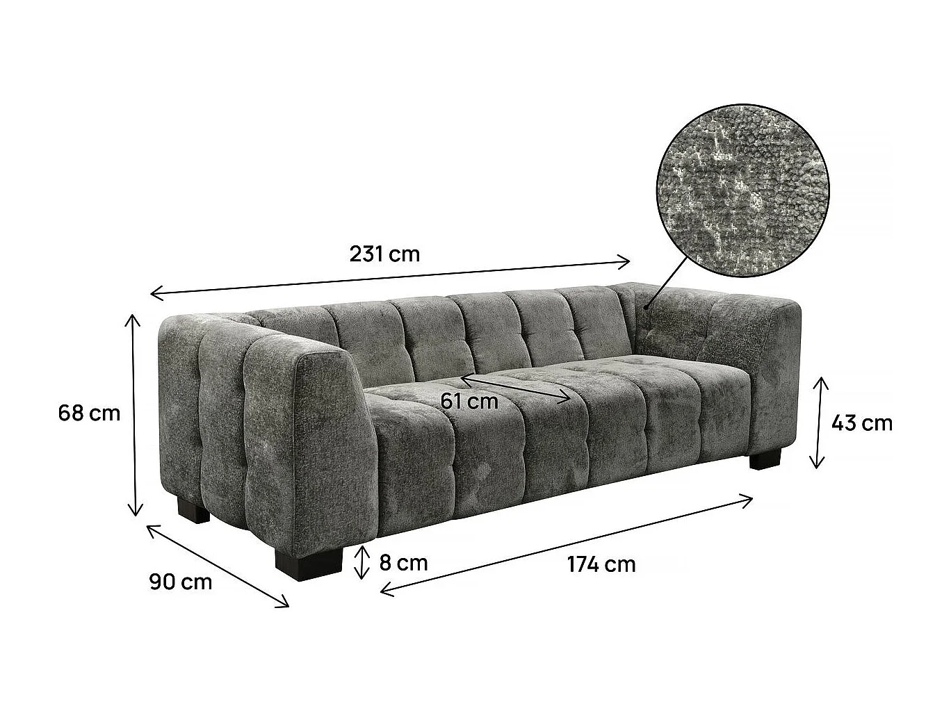 Canapé droit design en tissu chenille 3 places "Foch"- Gris