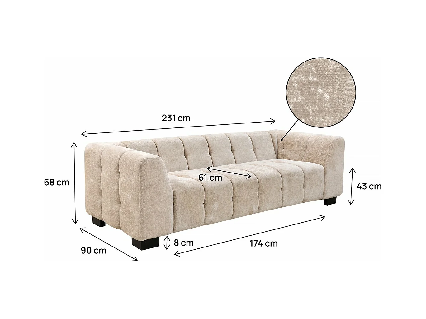 Canapé droit design en tissu chenille 3 places "Foch" - Beige