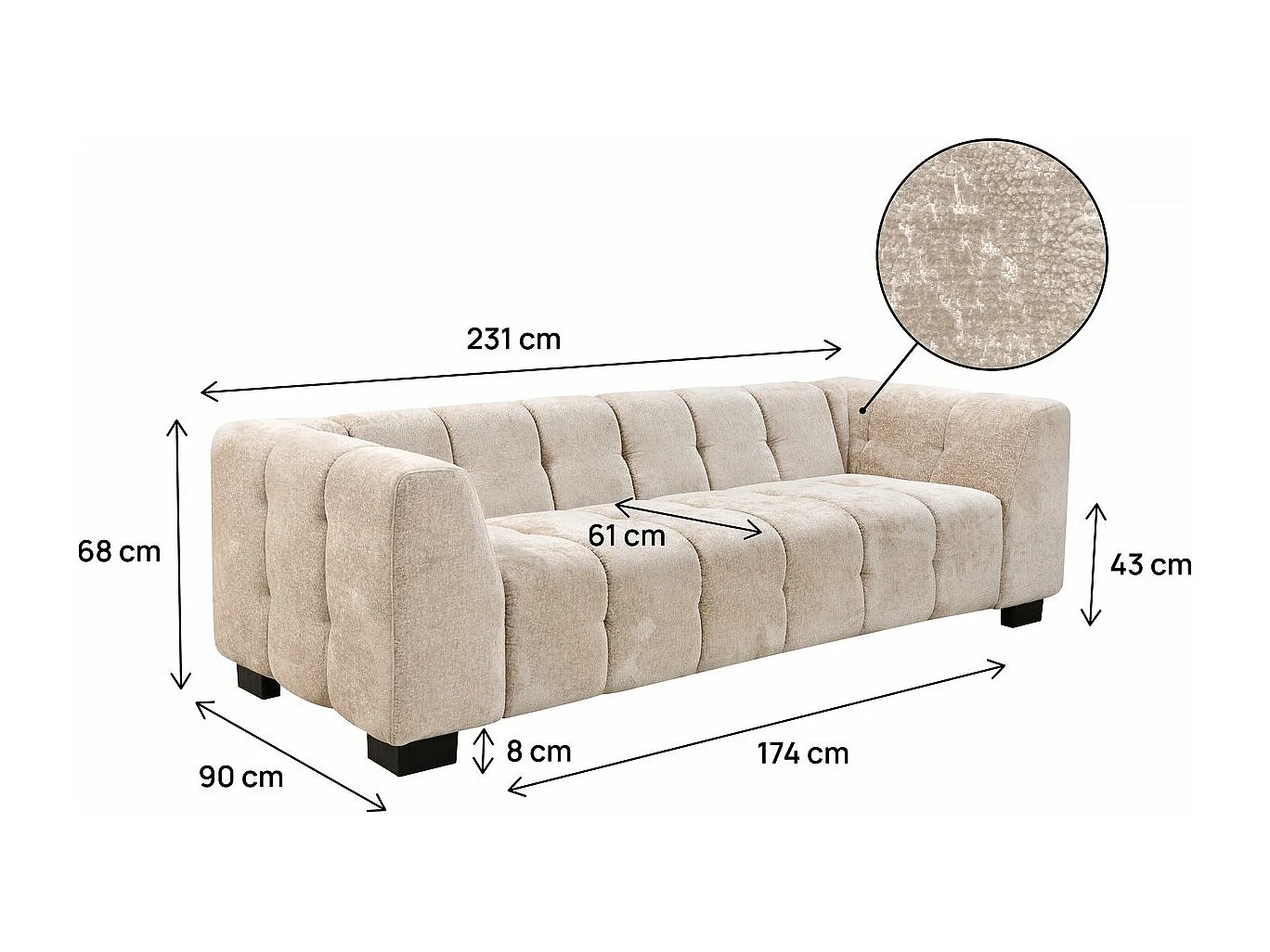 Canapé droit design en tissu chenille 3 places "Foch" - Beige