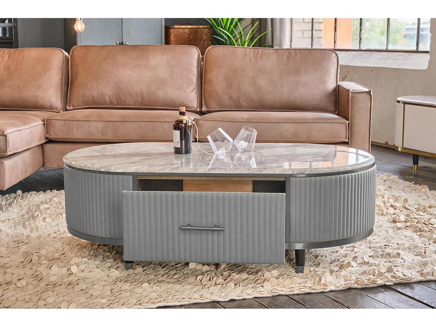 Couchtisch - Grau Kunstleder - 70 x 130 cm - MARIA