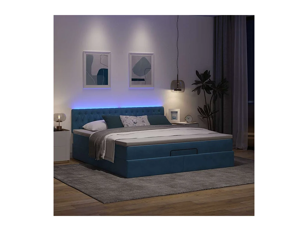 Cadre de lit ottoman avec matelas bleu foncé 160x200 cm velours