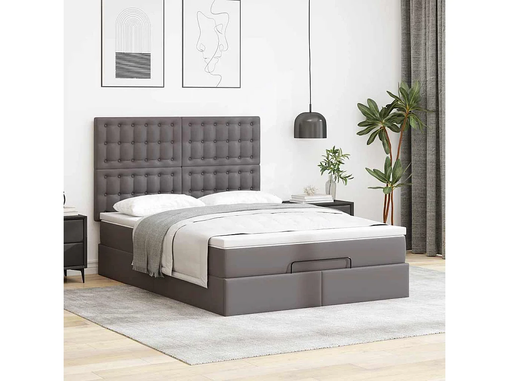 Cadre de lit ottoman avec matelas gris 140x190 cm similicuir