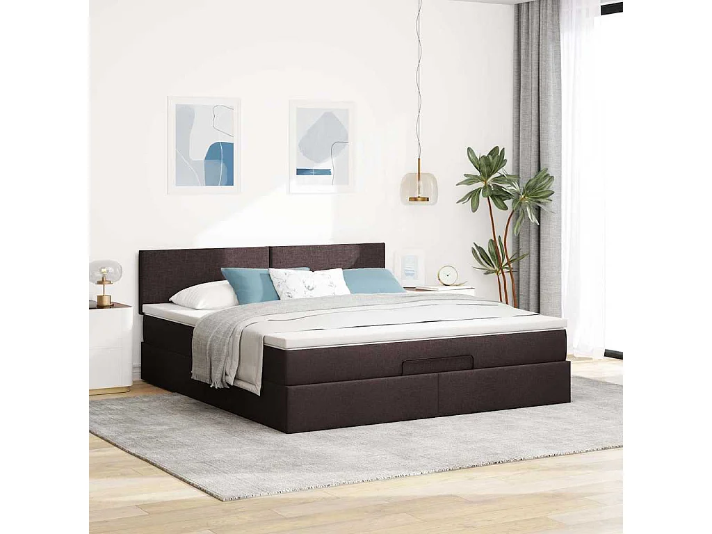 Cadre de lit ottoman avec matelas marron foncé 180x200 cm tissu