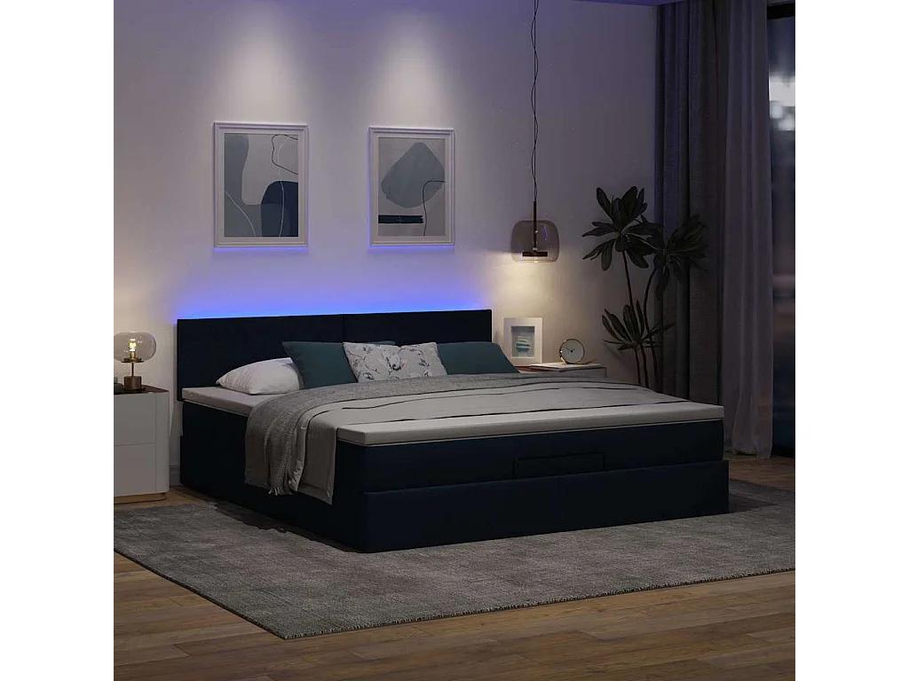 Cadre de lit ottoman avec matelas bleu 180x200 cm tissu