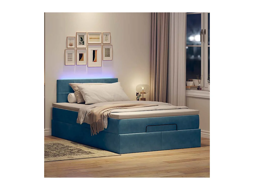 Cadre de lit ottoman avec matelas bleu foncé 120x190 cm velours