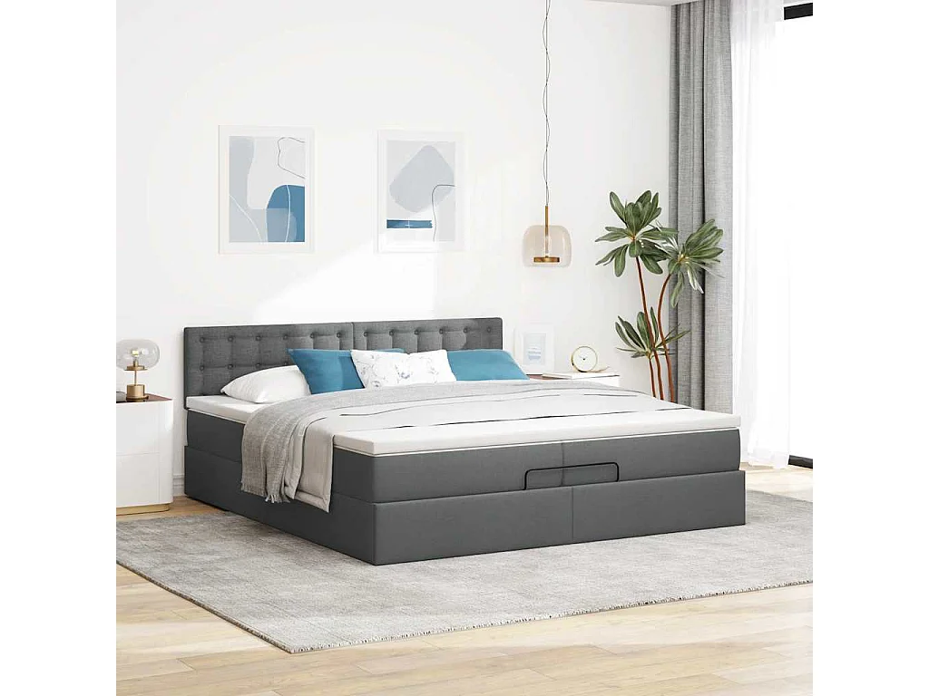 Cadre de lit ottoman avec matelas gris foncé 200x200 cm tissu