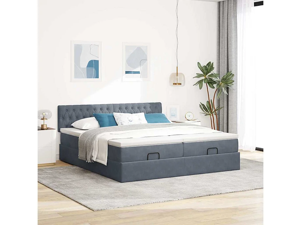 Cadre de lit ottoman avec matelas gris foncé 200x200 cm velours