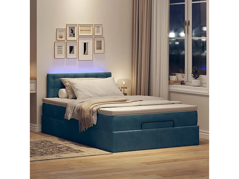 Estrutura cama otomana colchão 120x200cm veludo azul escuro