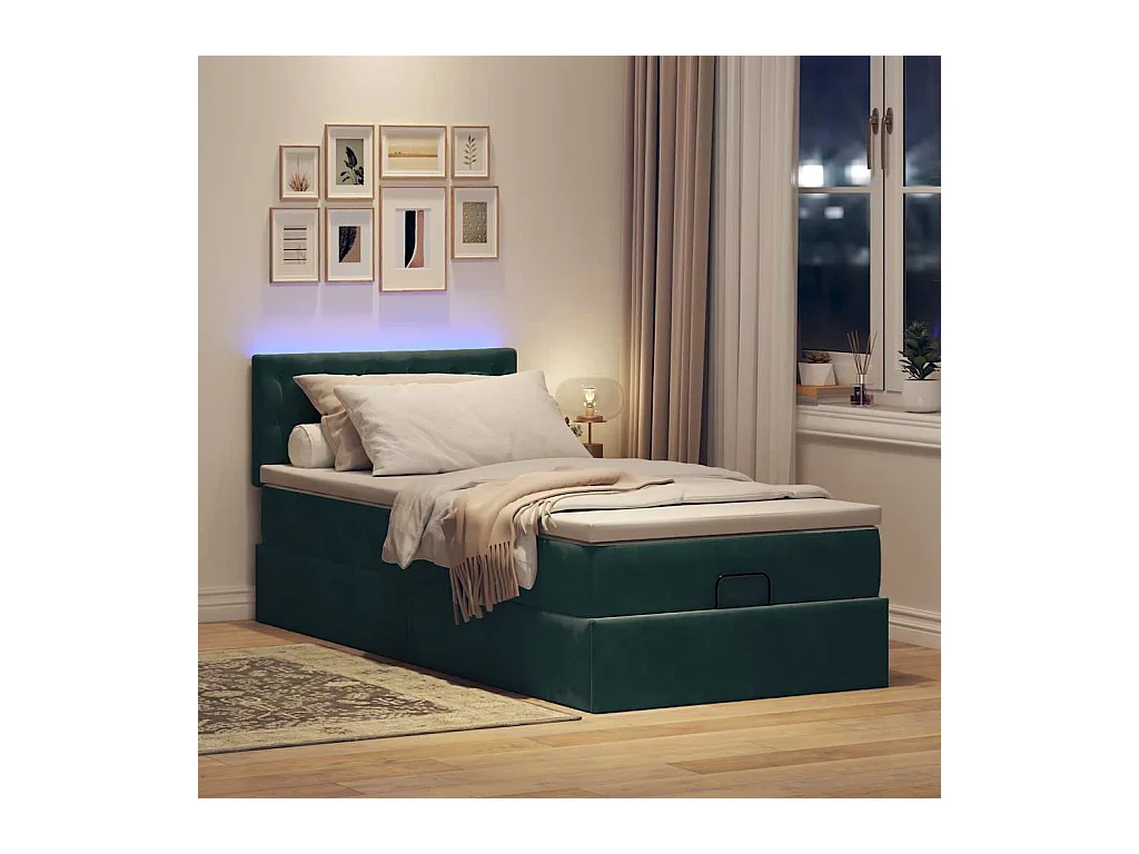 Cadre de lit ottoman avec matelas vert foncé 90x200 cm velours