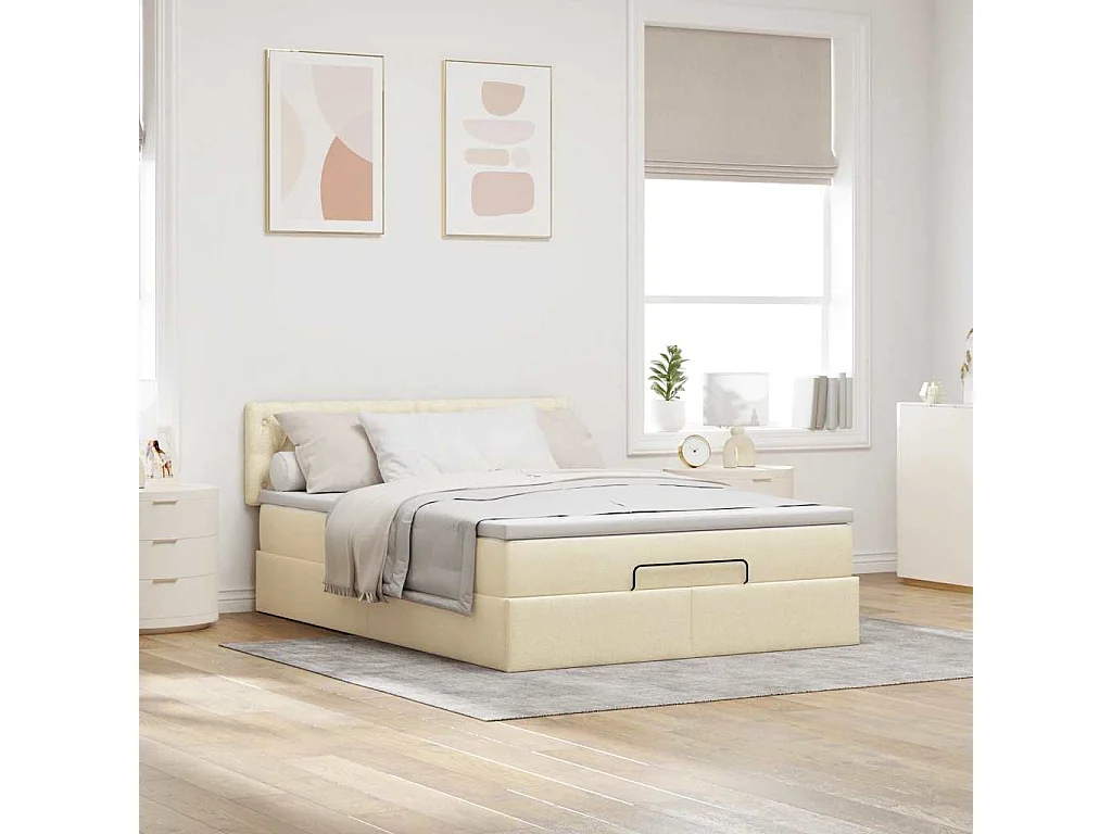 Cadre de lit ottoman avec matelas crème 140x200 cm tissu