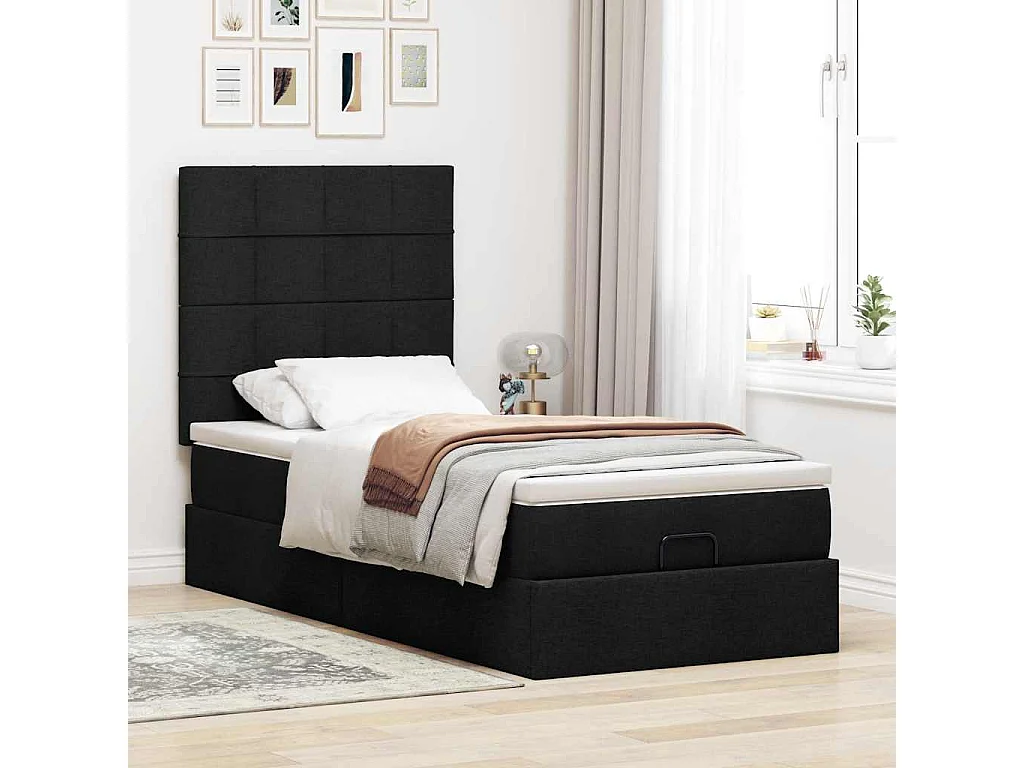 Cadre de lit ottoman avec matelas noir 100x200cm tissu