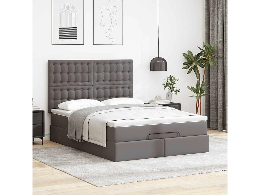 Cadre de lit ottoman avec matelas gris 140x190 cm similicuir