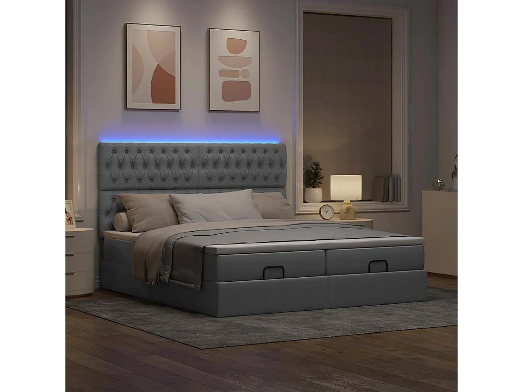 Ottoman bed met matrassen en LED's 180x200cm stof lichtgrijs