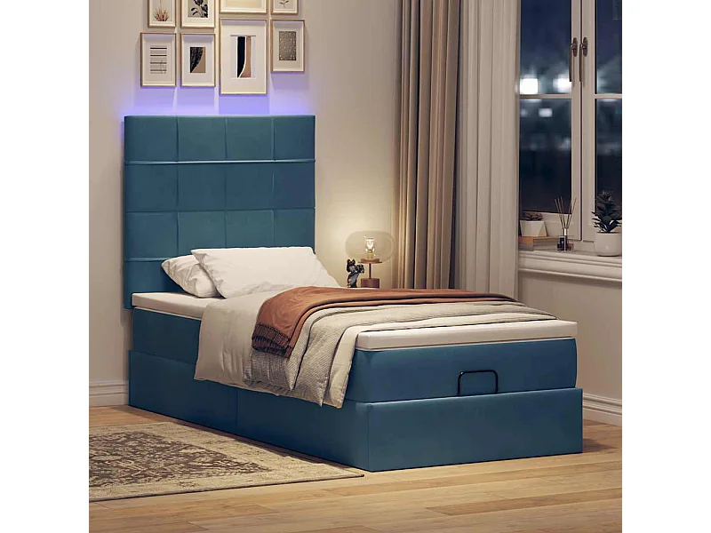 Cadre de lit ottoman avec matelas bleu foncé 100x200 cm velours