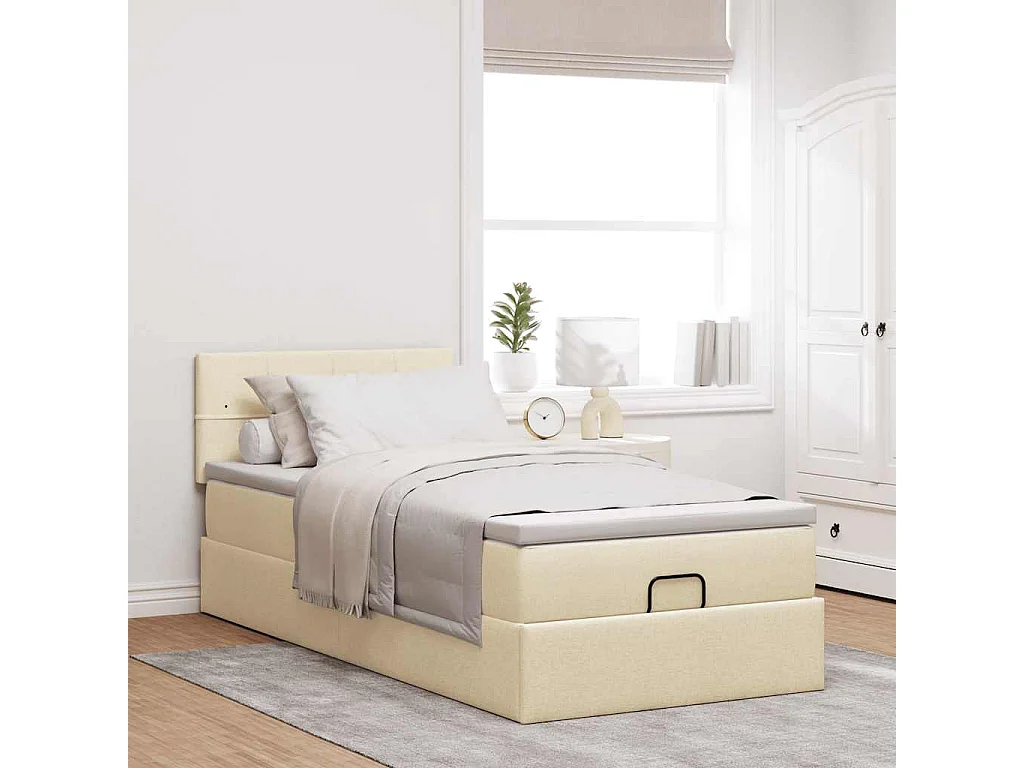 Cadre de lit ottoman avec matelas crème 90x190 cm tissu