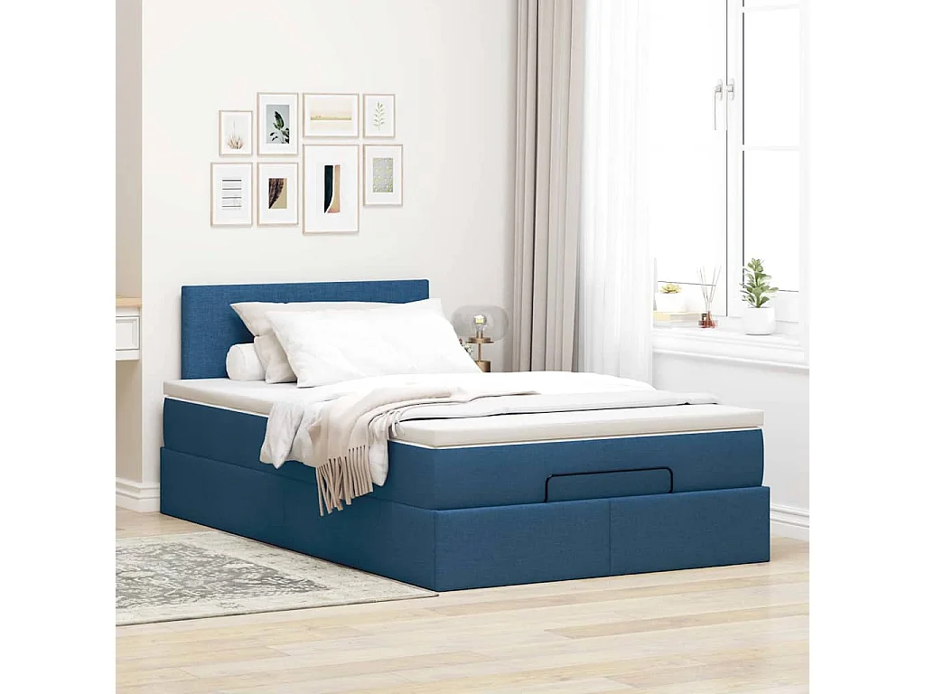 Cadre de lit ottoman avec matelas bleu 120x200 cm tissu