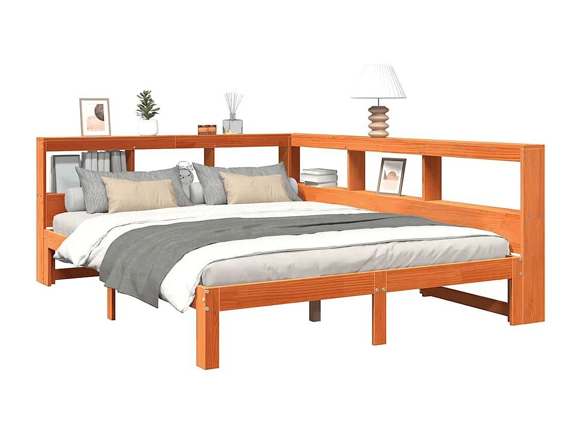 Lit bibliothèque sans matelas cire marron 135x190 cm pin massif