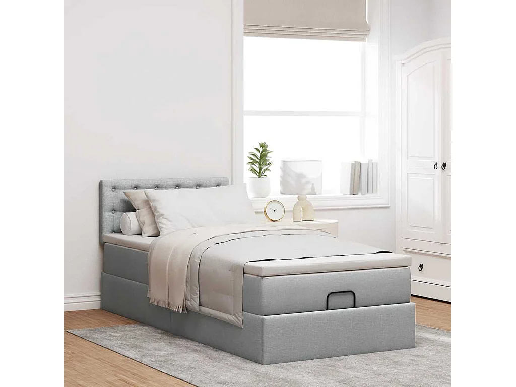 Cadre de lit ottoman et matelas gris clair 100x200 cm tissu