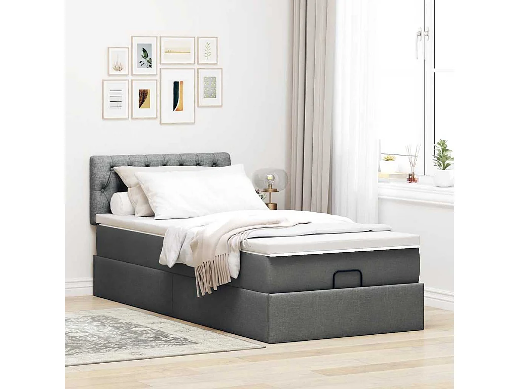Cadre de lit ottoman avec matelas gris foncé 100x200 cm tissu