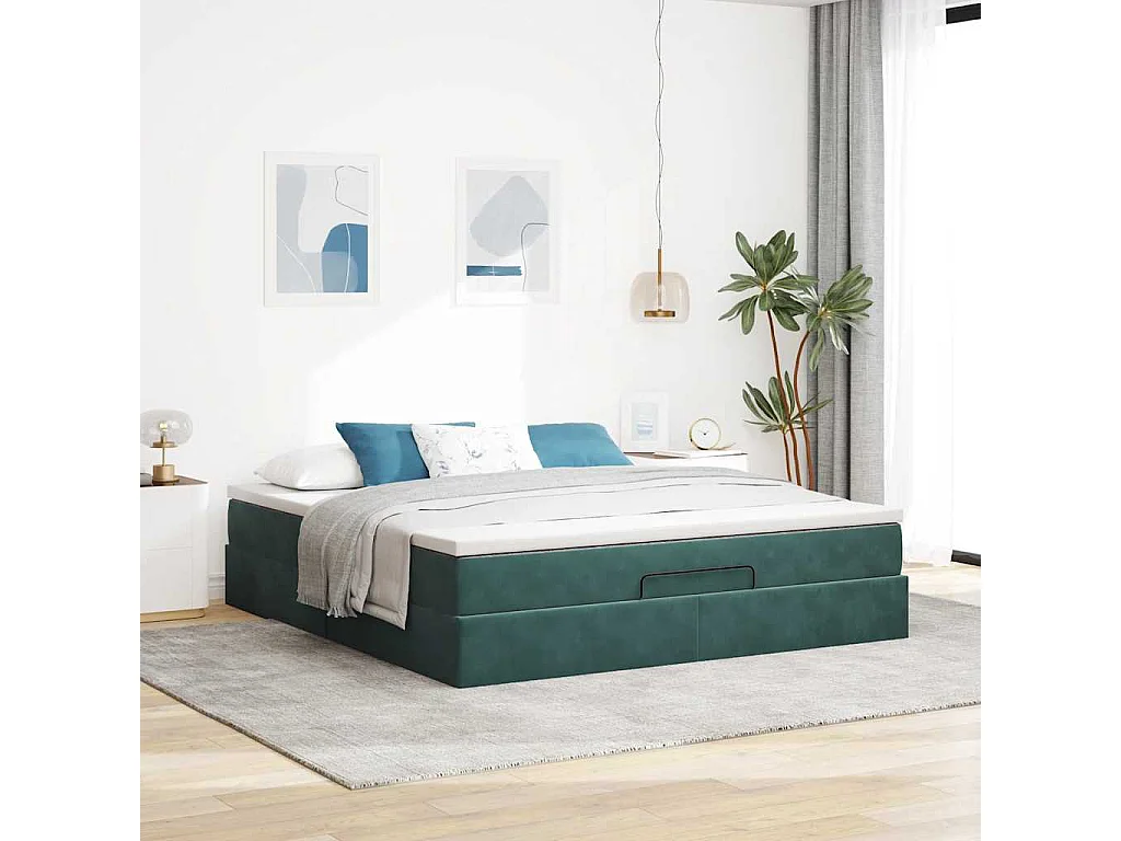 Cadre de lit ottoman avec matelas vert foncé 160x200 cm velours