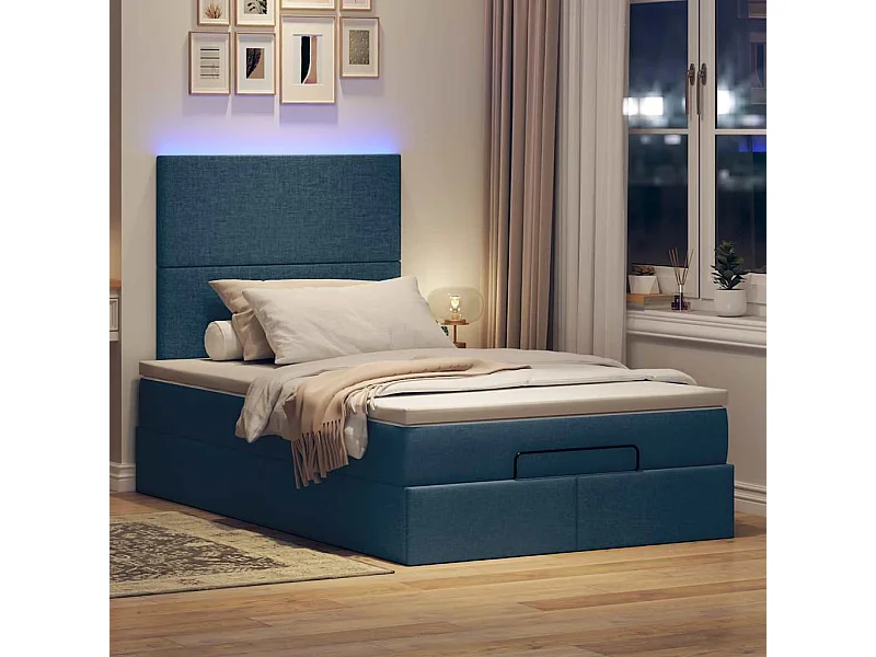 Cadre de lit ottoman avec matelas bleu 120x200 cm tissu