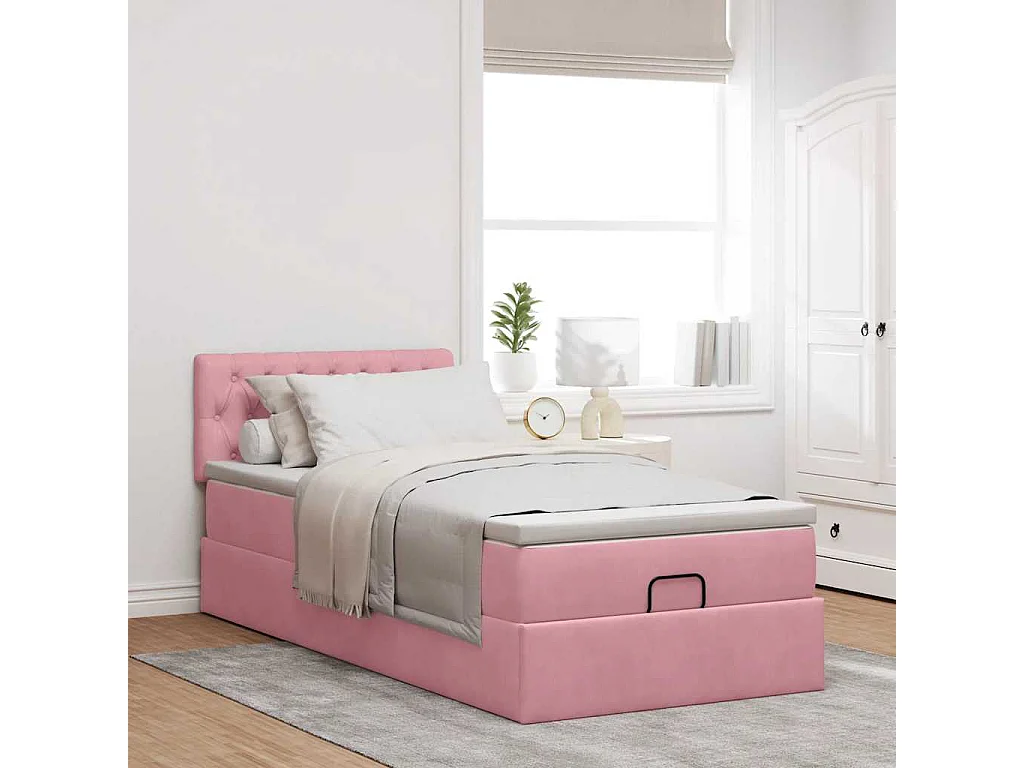 Cadre de lit ottoman avec matelas rose 100x200 cm velours