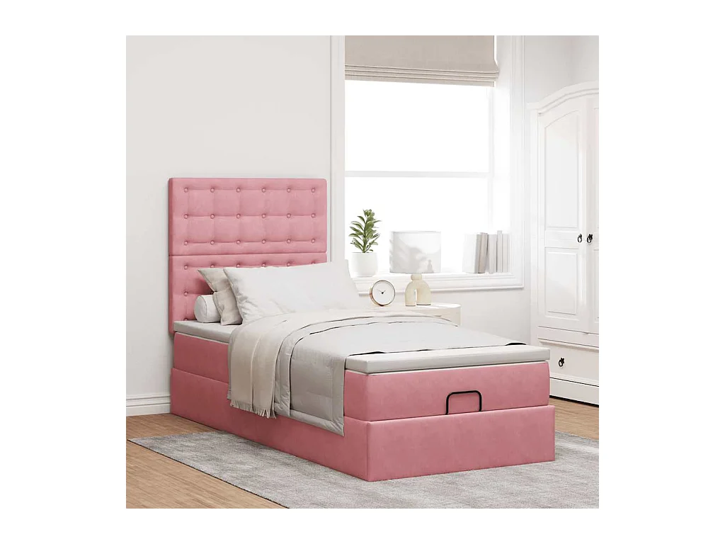 Cadre de lit ottoman avec matelas rose 90x200 cm velours
