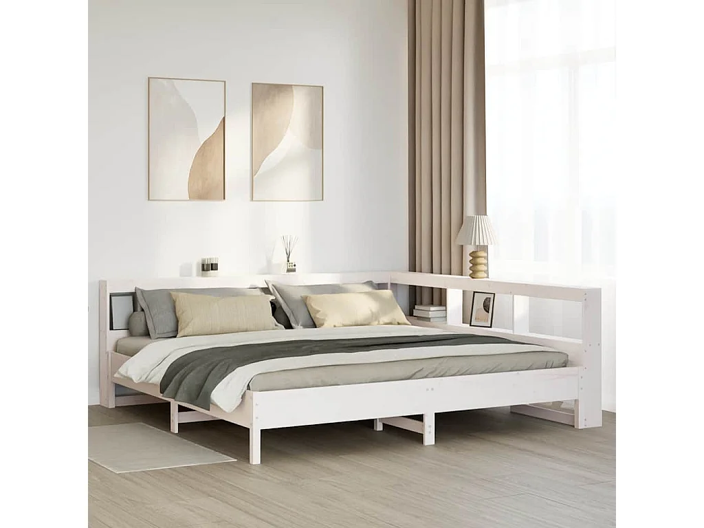 Lit bibliothèque sans matelas blanc 200x200 cm bois pin massif