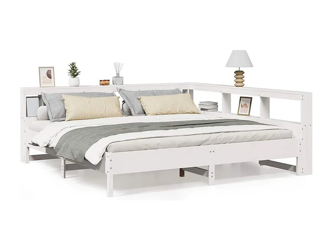 Lit bibliothèque sans matelas blanc 200x200 cm bois pin massif