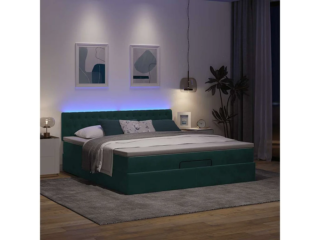 Cadre de lit ottoman avec matelas vert foncé 160x200 cm velours