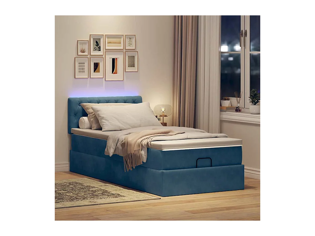 Cadre de lit ottoman avec matelas bleu foncé 90x200 cm velours