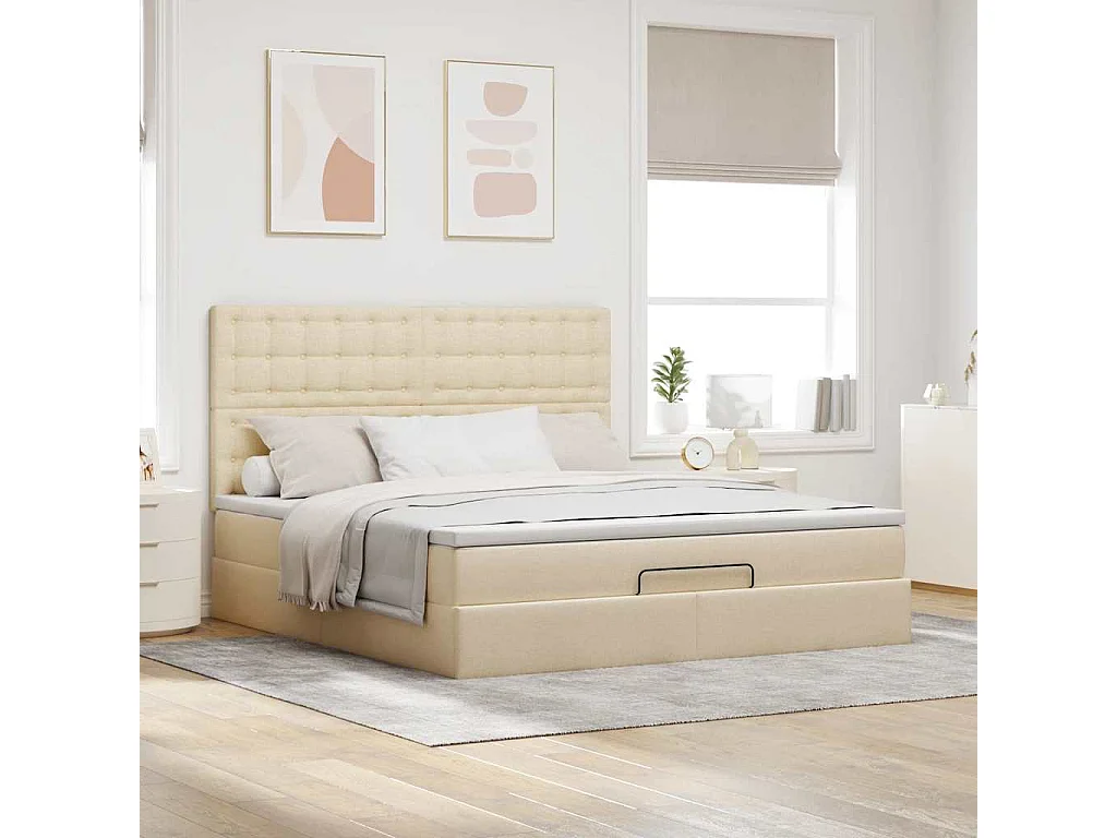 Cadre de lit ottoman avec matelas crème 160x200 cm tissu