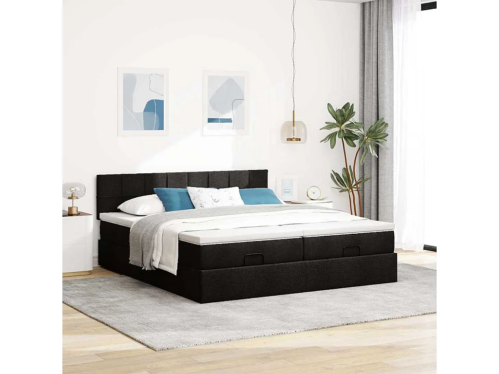 Cadre de lit ottoman avec matelas noir 180x200cm tissu