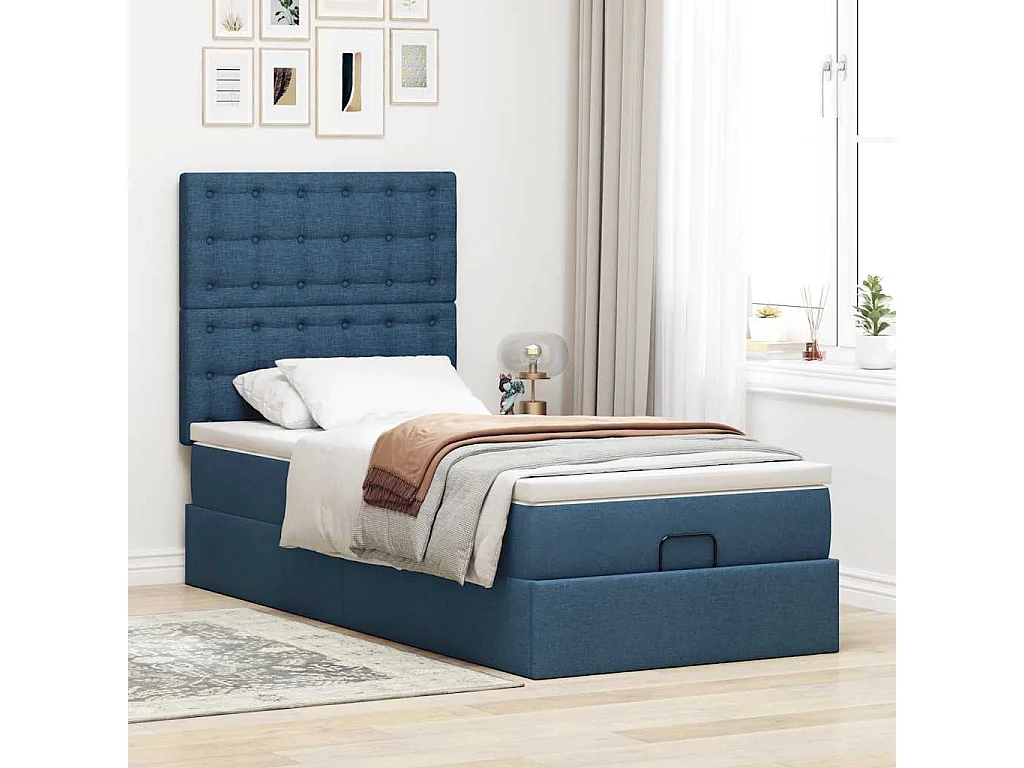 Cadre de lit ottoman avec matelas bleu 90x200 cm tissu