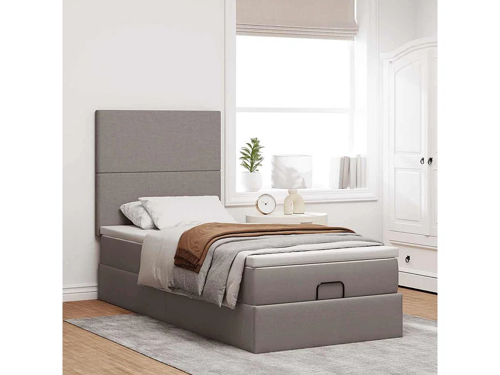 Cadre de lit ottoman avec matelas taupe 90x190 cm tissu
