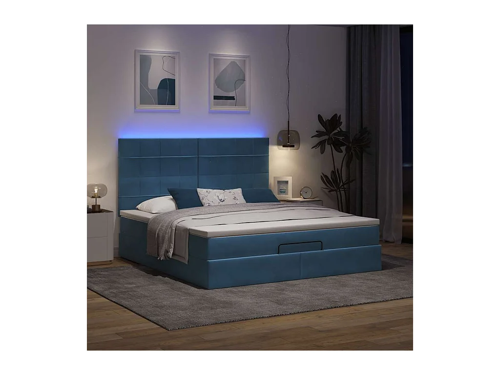 Cadre de lit ottoman avec matelas bleu foncé 160x200 cm velours