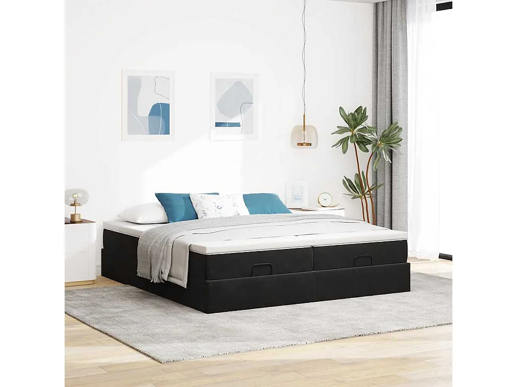 Cadre de lit ottoman avec matelas noir 180x200cm velours