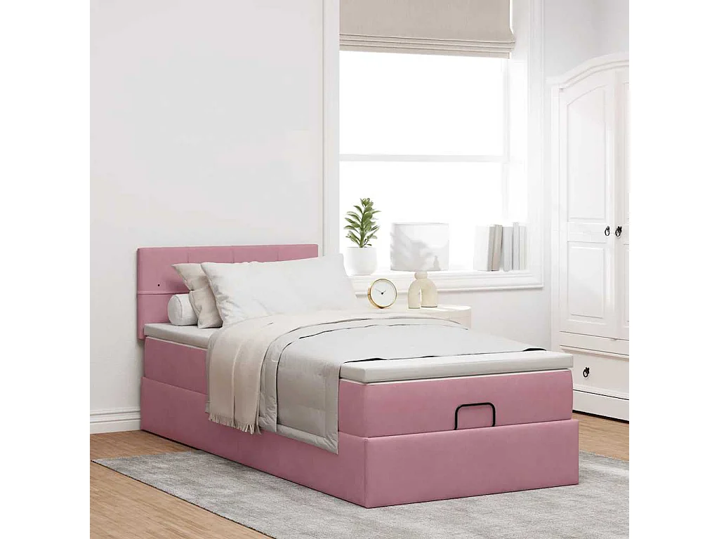 Cadre de lit ottoman avec matelas rose 80x200 cm velours