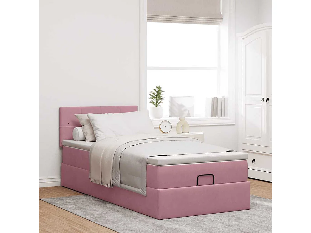 Estrutura de cama otomana com colchão rosa 90x200cm veludo