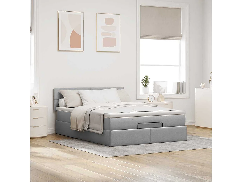 Cadre de lit ottoman et matelas gris clair 140x200 cm tissu