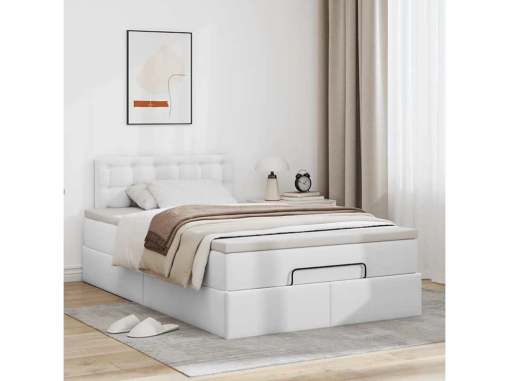 Estructura cama otomana colchón cuero sintético blanco