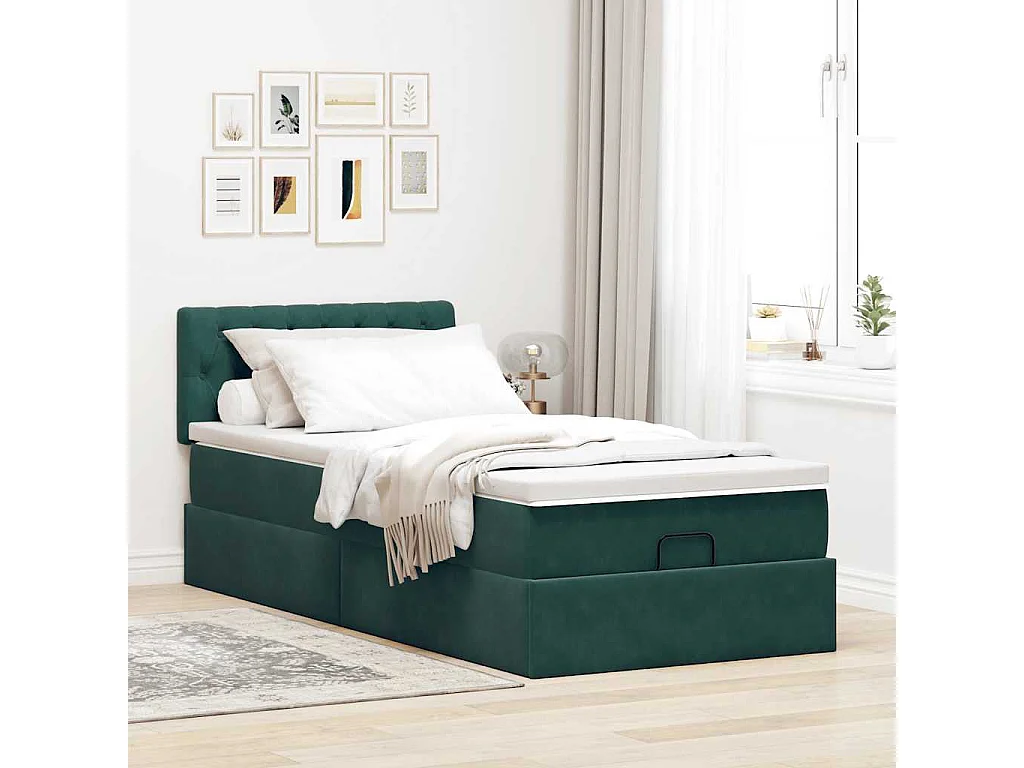 Cadre de lit ottoman avec matelas vert foncé 90x190 cm velours
