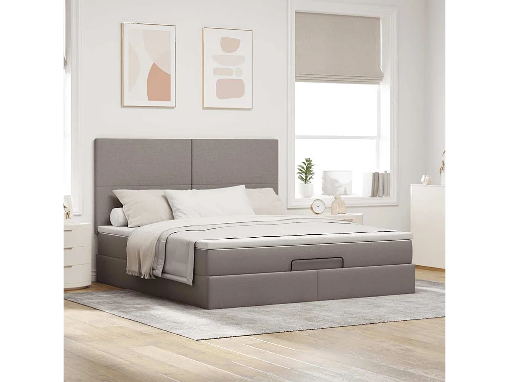 Cadre de lit ottoman avec matelas taupe 160x200 cm tissu